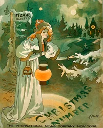 Joulujuliste, jossa nainen pitelee lyhtyä lumen peittämän mökin edessä (litografia)