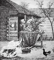 Maatilakohtaus - nainen pesualtaassa J. S. Hodgsonin (litho) kuvituksen jälkeen