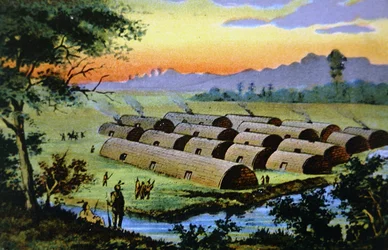 Manhattan Island, New York City, ennen kuin hollantilaiset asettuivat tänne ja esittävät Wapinger-konfederaation intialaista kylää (väri litho)