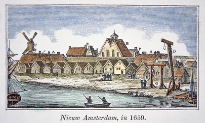 New Amsterdam (myöhemmin New York) Manhattan Islandilla, vuonna 1659 julkaistusta kuvasta (väri litho)