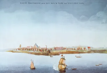 Uusi Amsterdam Manhattanin saarella vuonna 1650 (väri litho)