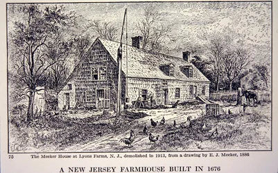 New Jerseyn maalaistalo, rakennettu vuonna 1676, E. J. Meekerin (litho) vuonna 1886 tekemän piirustuksen jälkeen