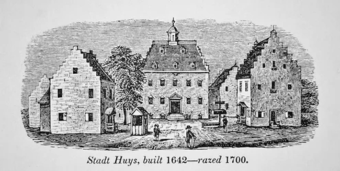 Hollantilainen Stadt Huys, New Amsterdam (New York), rakennettu vuonna 1642 ja purettu vuonna 1700 (litho)