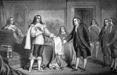William Penn saa Pennsylvanian peruskirjan Englannin Charles II:lta vuonna 1681 (litho)