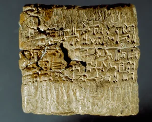Assyrian sivilisaatio: kaiverrettu laatikko, jossa on nuolenpäämerkkejä kahden hopeakaivoksen tuotannosta. Istanbul, arkeologinen museo