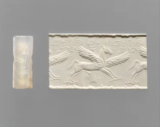 Sylinteritiiviste ja moderni vaikutelma: siivekäs hevonen kynsineen ja sarvineen, n. 1300–1300 eKr. (kalsedoni)