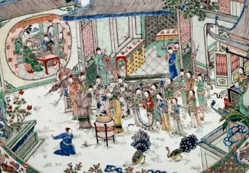 Kiinalainen taide: perinteinen juhla konsertilla. Maalaus posliinille. 1700-luvulla. Pariisi, Guimetin museo, Aasian taiteen kansallinen museo
