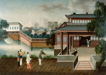 Figures Approaching a Riverside Mansion, noin 1800 (öljy kankaalle)
