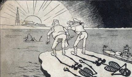 Kenraali MacArthur luurankovarjoineen katselemassa Kiinan kansantasavallan kaksosia. Pilapiirros teoksessa "Satiirisia piirroksia", Peking