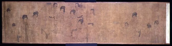 Palace Ladies at Leisure Handscroll, yksityiskohta musiikkia tekevistä naisista, Wen-chu Choun (fl.970) Southern Sung -kauden alkuperäiskappaleen mukaan, n. 1140 (mustetta ja pigmenttiä silkillä) (katso myös 114251)