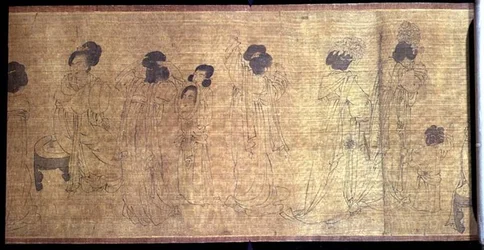 Palace Ladies at Leisure Handscroll, yksityiskohta naisista, jotka valmistautuvat lähtemään ulos, Wen-chu Choun (k.970) alkuperäisen käsikirjoituksen mukaan, Etelä-Sungin kausi, noin 1140 (muste ja pigmentti silkille) (katso myös 114250).