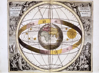 Ptolemaioksen geosentrinen, Maahan keskittyvä maailmankaikkeusjärjestelmä, jossa näkyy Auringon, Kuun ja planeettojen sijainti, Andreas Cellariuksen 