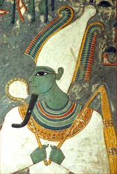 Muinainen Egypti, maalaus, Osiris, Horemhebin hauta, Theban, kuolemanjälkeisen elämän, tuonelan ja kuolleiden jumala, vihreänahkainen, jolla on faaraon parta, päällään kruunu, jonka molemmilla puolilla on kaksi isoa strutsinsulkaa, ja kädessään symbolinen 
