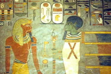 Muinainen Egypti, Maalaus, Ramses I Ptahin edessä, jonka takana on djed-pilari, Ramses I:n hauta, Thebe