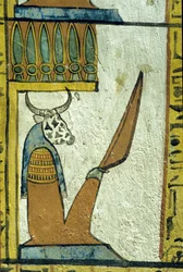 Muinainen Egypti, Seinämaalaus, Lehmän johtama alamaailman jumala, Sennedjemin hauta, Thebes, Deir el Medina