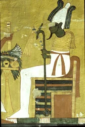 Muinainen Egypti, seinämaalaus Inherkhau, Theban hauta, Osiris istuu uhripöydän edessä, 20. dynastia (kuva)