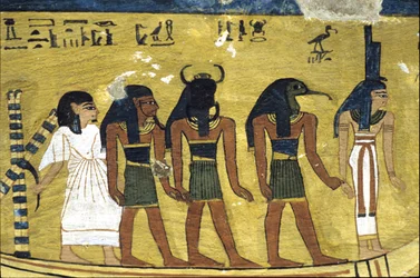 Muinainen Egypti, seinämaalaus Inherkhaun hauta, Thebe, aatelisten hauta, 20. dynastia, Inherkhaun aurinkobarakkissa Isiksen, Thotin ja Khephrin kanssa (kuva)