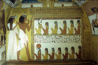Muinainen Egypti, seinämaalaus, Sennedjemin hauta, seinä, Sennedjemin ja hänen vaimonsa palvovat manalan jumalia, Osiris, Horus, Thebe, Deir el Medina