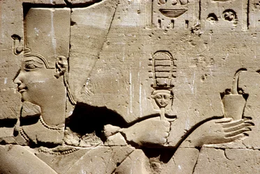 Muinainen Egypti, seinämaalaus/kaiverrus, Faarao Ptolemaios ravistelee systrumia ja tarjoaa suitsukkeita, Horuksen temppeli, Edfu (kuva)