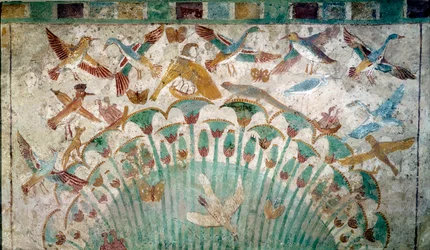Muinainen Egypti: eläimet papyrusnastassa, kalkkikiven fragmentti Neferhotepin haudasta, noin 1400 eKr. 18. dynastia, mitat 43x74 cm Pariisi, Louvre-museo - Egyptin antiikin: eläimet papyrustiikoissa, kalkkikivipala Neferhotepin haudasta