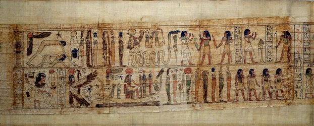 Muinaisen Egyptin taiteen mytologinen Serimenin papyrus. Päälle: maailman luomisen aikana jumala Geb (Maa) on erotettu jumalatar Noutista (taivas); jumalia ja henkiä alusta alkaen. Alla: Serimen kunnioittaa aurinkoa, joka tulvii ra:llaan