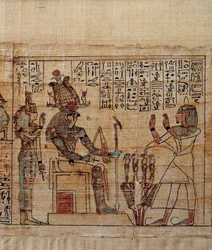 Muinainen egyptiläinen taide: Serimenin mytologinen papyrus. serimen palvonnassa ptah-sokar-osiris-jumalan edessä, jota seuraa Isis. 21. dynastian (n. 1069-945), kolmannen välikauden (n. 1069-664 eKr.) käsikirjoitus. Maalaus.