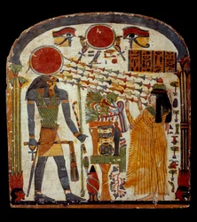 Muinaisen Egyptin taide: stele de taperet edesmennyt Taperet osoittaa rukouksen Re-Horakhtylle (Re Horakhty, noin 900 - 800 eKr.) Pariisi, Musee Du Louvre