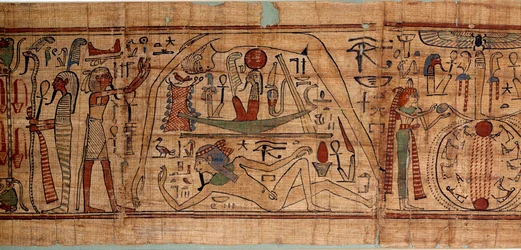 Egyptiläinen antiikin allegoria kosmoksesta: Neskapashoutyn mytologinen papyrus, kosmogoniaa edustavien jyvien kirjanpitäjä, Geb, Nout, Nephtys, Osiris. 1070-664 eaa. 21. dynastia. Aurinko 2,7x0,27 m Pariisi, musee du Louvre
