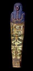 Egyptiläinen antiikki: Jedkhonsouioufankhin (Djedkhonsouiouefankhin) sarkofagin kansi, noin 750 eKr., Louvre-museo - Egyptin antiikin: Djedkhonsouioufankhin sarkofagin kansi (Djedkhonsouioufankh) (Djedkhonsouioufankh), Pariisin museo57, Tietoja 750 eKr.