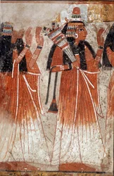 Egyptiläinen antiikki: katkelma seinämaalauksesta Niayn haudasta, joka kuvaa vainajan sukulaisten saastaa. Dra Aboul Nagan sivustolta. 19. dynastia (1295-1186 eKr.) Su. 0,61x0,39 m