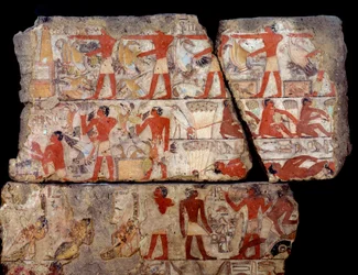 Egyptiläinen antiikki: maalaus Metchetchin mastabasta. Arkielämän kohtaus (metsästys, kalastus, uhri) Egyptissä 6. dynastian aikaan. 2400-2300 eaa. Sakkaran (Sakkara) paikalta