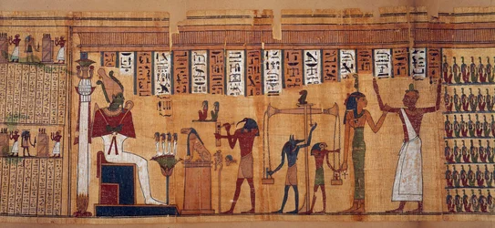 Egyptiläisiä muinaisesineitä: sielujen punnitseminen, Chahapiimoun kuolleiden kirjan papyrus; Chahapiimou oli Amonin tähtitieteilijöiden esimies. Ptolemaiosten kausi (332-30 eaa.), noin 500-100 eaa. Pariisi, Louvre