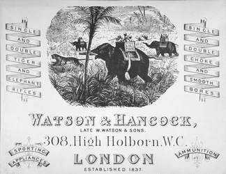 Watson & Hancock -asevalmistajien mainos, noin 1900