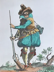 1600-luvun alun saksalainen sotilas, aseistettu tulitikkumusketilla (värikaiverrus)