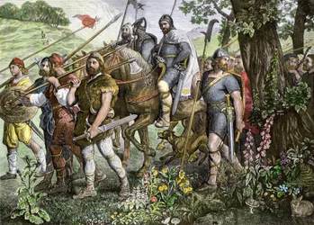 Kentin miehet menossa taisteluun puolustamaan Englantia normannien hyökkäyksen aikana vuonna 1066 (värikaiverrus).