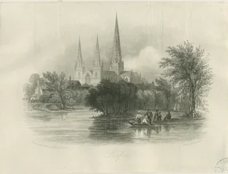 Lichfieldin katedraali - Lounaisnäkymä: kaiverrus (vinjetoitu), nd [c 1842] (tulostus)