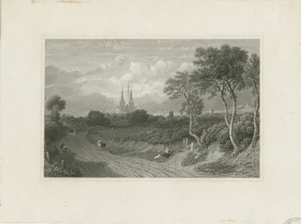 aLichfield Cathedral - West View (kaukainen): kaiverrus ja [?1700-luku] (painettu)