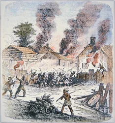 Nipmuc-intiaanit hyökkäävät Brookfieldin asutukseen Massachusettsissa elokuussa 1675 (värillinen kaiverrus)