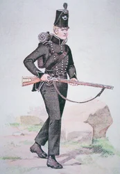 95. kiväärien sotamies, n. 1810, aseistettu Baker Rifle -kiväärillä, jonka on suunnitellut Ezekiel Baker of London (värilitho)