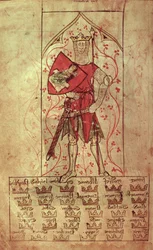 Roy 20 A II f.4r Kuningas Arthur ja kolmekymmentä kuningaskuntaa kirjoitettu Edward II:n hallituskaudella (1248-1327)