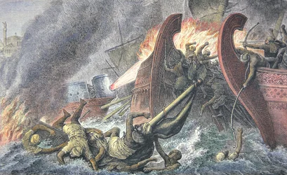 Kreikan tulen tuhoamia laivoja (väri litho)