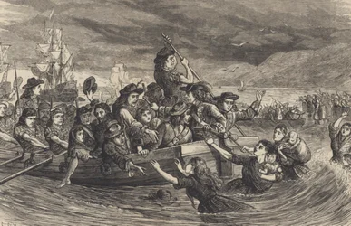 Villihanhet – Jacobite-irlantilaiset sotilaat lähtevät Limerickistä Ranskaan vuonna 1691 (kaiverrus)
