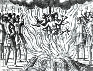 Kertomus kolmesta roviolla poltetusta Guernseyn marttyyrista, John Foxen (1516-87) teoksesta "Acts and Monuments" (kaiverrus).