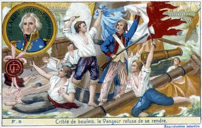 Amiraali Villaret (1750-1812), medaljongin edustaja, toimitti Ouessantin meritaistelun englantilaiselle Howelle vuonna 1794.