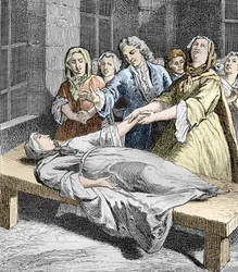 Catherine Bigot kokee jansenistien kouristuksia, Louis Figuierin teoksesta "Les Mysteres de la Science" (kaiverrus).