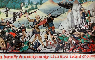 Kaarle Suuren veljenpojan, ritari Rolandin, kuolema Roncesvallesin taistelussa (778) Kaarle Suuren armeijan ja saraseenien välillä. Miniatyyri. Pariisi, B.N.