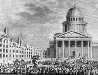 Ranskan vallankumous: Apotheose Jean Jacques Rousseau (1712-1778), hänen käännöksensä Pantheoniin 11. lokakuuta 1794. Pariisi, Vallankumouksen historian instituutin kirjasto