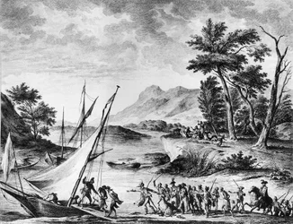 Ranskan vallankumous: Ranskan suurlähettiläiden Charles Louis Huguet de Semonvillen (1759-1839) ja Hugues Bernard Maretin (1763-1839) pidätys Novatessa 25. heinäkuuta 1793. Kaiverrus ja piirustus Duplessi - Bertaux. Pariisi, Revolun historian instituutin k