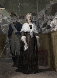 Kuningatar Marie Antoinette (1755-1793) Vallankumoustuomioistuin tuomitsi lokakuussa 1793” (Ranskan kuningatar Marie-Antoinette (1755-1793) oikeudenkäynnin aikana vallankumouksellisessa oikeudessa, lokakuu 1793)