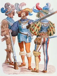 1500-luvun saksalaisia sotilaita tulitikkumusketeilla (värikaiverrus)